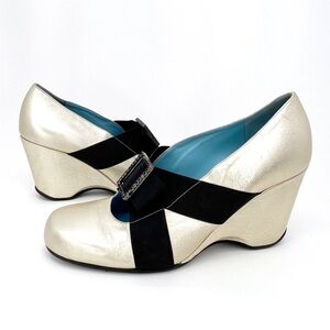 Thierry Rabotin Shoes Wedge Heels Size 5.5 Platinum (gold/silver) Black Jeweled